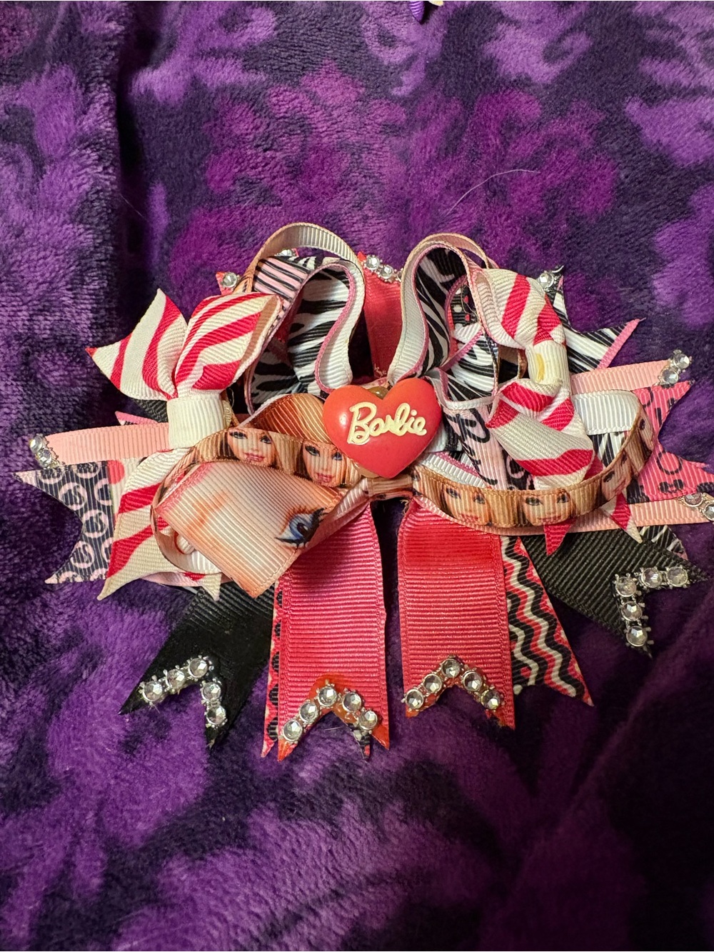 Barbie Pink and Black Layered Ribbon Hair Bow with Heart Charm